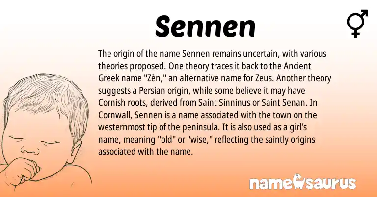 Infographic about Sennen name meaning, Sennen is a name from Ancient Greek, Cornish, Persian origin(s).