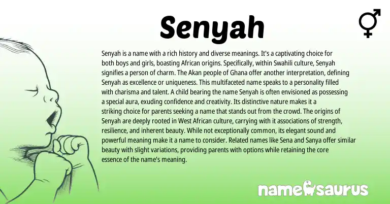 Infographic about Senyah name meaning, Senyah is a name from Akan, African, Swahili origin(s).