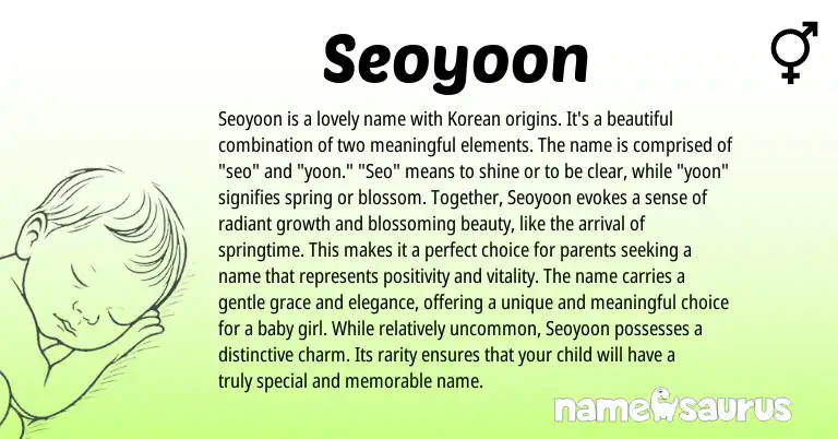 Infographic about Seoyoon name meaning, Seoyoon is a name from Korean origin(s).