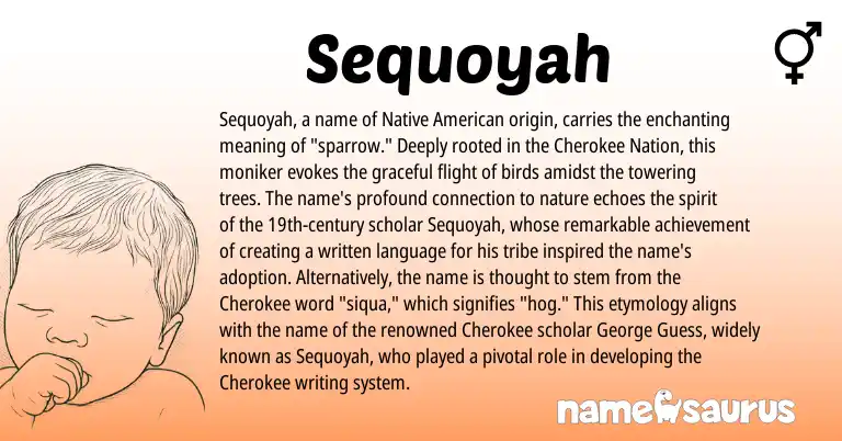 Infographic about Sequoyah name meaning, Sequoyah is a name from Native American, Cherokee origin(s).
