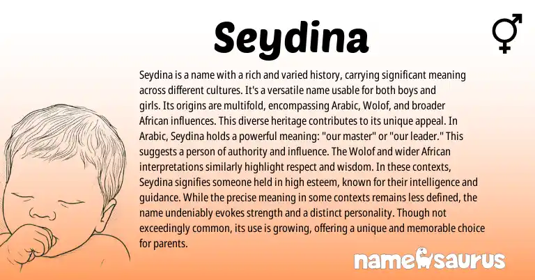 Infographic about Seydina name meaning, Seydina is a name from Wolof, African, Arabic origin(s).