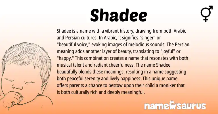 Infographic about Shadee name meaning, Shadee is a name from Persian, Arabic origin(s).