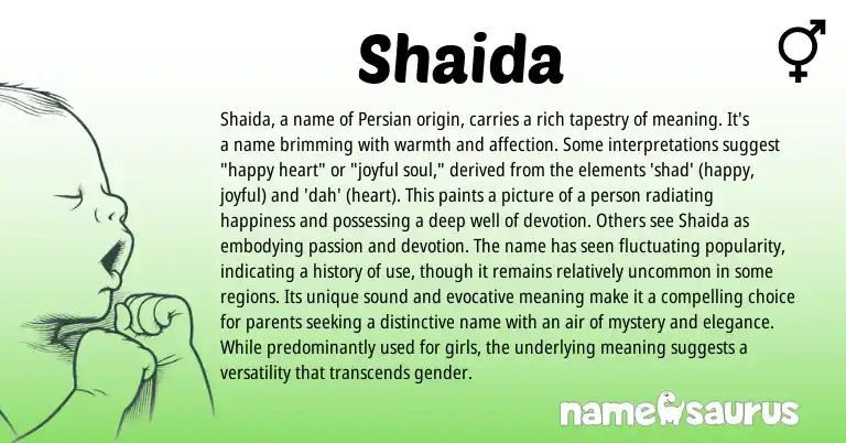 Infographic about Shaida name meaning, Shaida is a name from Persian origin(s).