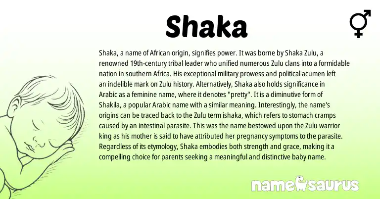 Infographic about Shaka name meaning, Shaka is a name from Zulu, Arabic, African origin(s).