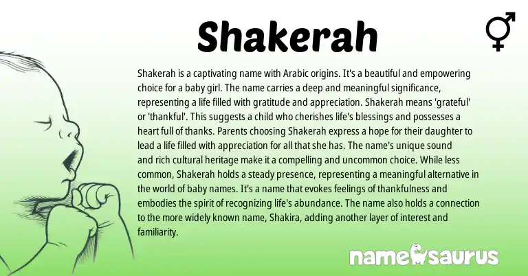 Infographic about Shakerah name meaning, Shakerah is a name from Arabic origin(s).