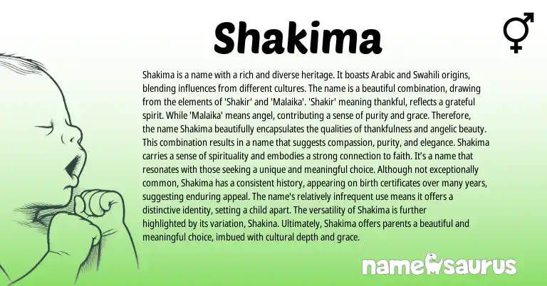 Infographic about Shakima name meaning, Shakima is a name from Swahili, Arabic origin(s).