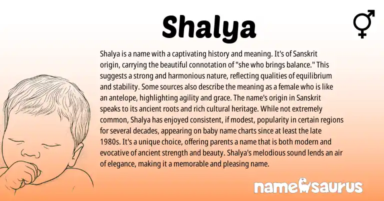 Infographic about Shalya name meaning, Shalya is a name from Hebrew, Hindi, Sanskrit origin(s).