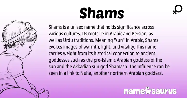 Infographic about Shams name meaning, Shams is a name from Arabic, Persian, Urdu, Semitic Mythology origin(s).
