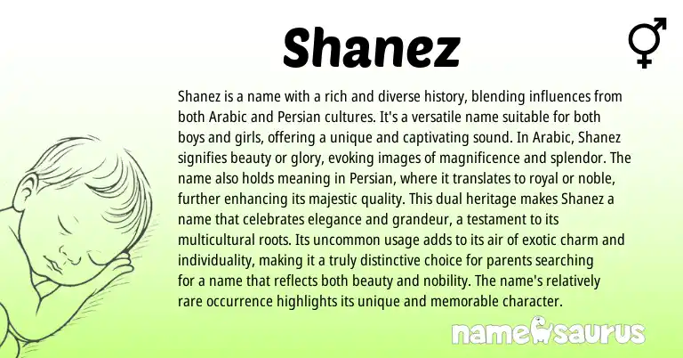 Infographic about Shanez name meaning, Shanez is a name from Persian, Arabic origin(s).