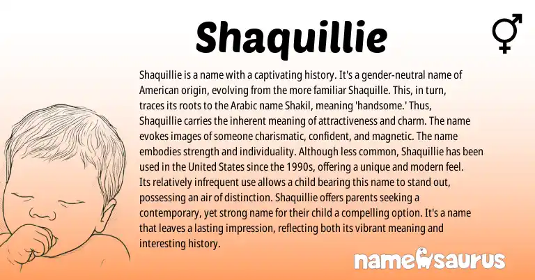 Infographic about Shaquillie name meaning, Shaquillie is a name from Arabic, American origin(s).