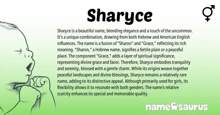 Infographic about Sharyce name meaning, Sharyce is a name from Hebrew origin(s).