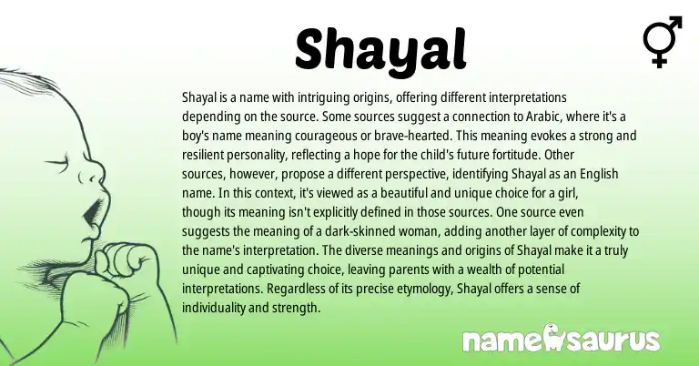 Infographic about Shayal name meaning, Shayal is a name from Indian, Arabic origin(s).