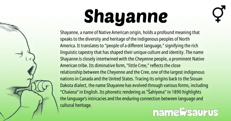 Infographic about Shayanne name meaning, Shayanne is a name from Dakota, United States, Native American, Cree, English, Cheyenne origin(s).