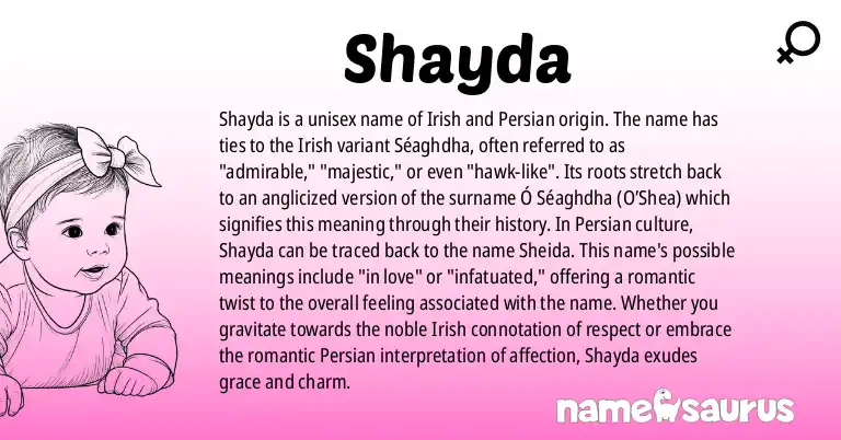 Infographic about Shayda name meaning, Shayda is a name from Irish, Persian origin(s).