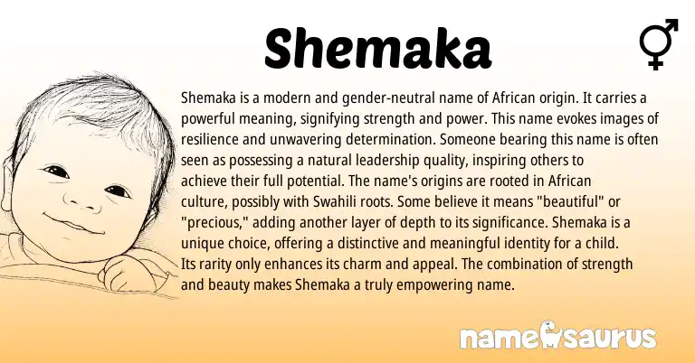 Infographic about Shemaka name meaning, Shemaka is a name from African origin(s).