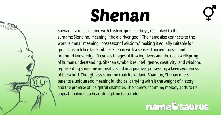Infographic about Shenan name meaning, Shenan is a name from Gaelic, Irish origin(s).