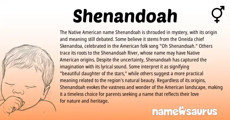 Infographic about Shenandoah name meaning, Shenandoah is a name from Native American, Oneida, American origin(s).