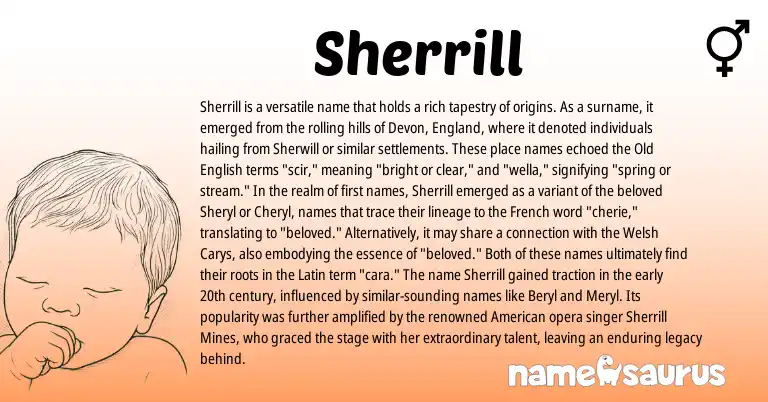 Infographic about Sherrill name meaning, Sherrill is a name from Welsh, England, French, Latin, Old English, American origin(s).