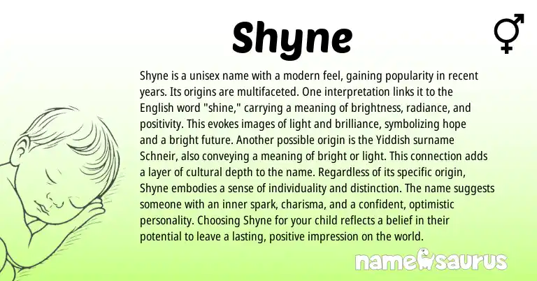 Infographic about Shyne name meaning, Shyne is a name from Yiddish, English origin(s).