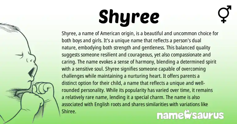 Infographic about Shyree name meaning, Shyree is a name from American origin(s).