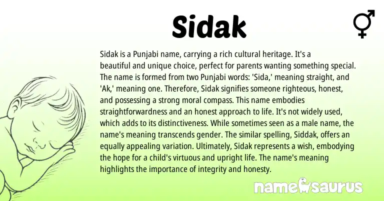 Infographic about Sidak name meaning, Sidak is a name from Indian, Punjabi, Sanskrit origin(s).