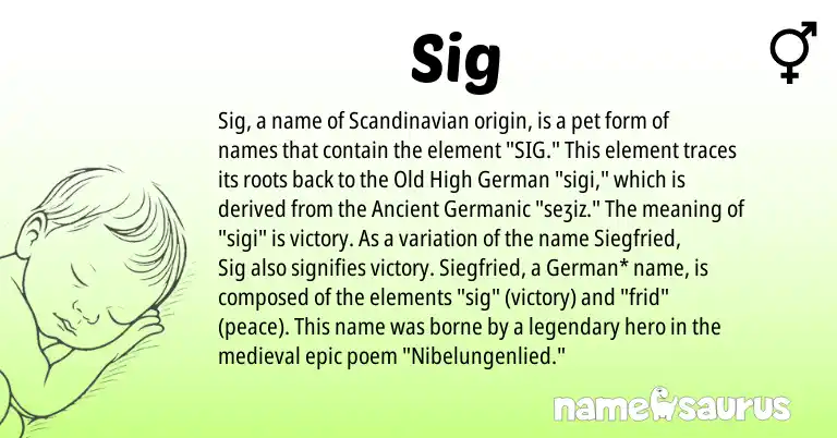 Infographic about Sig name meaning, Sig is a name from Old High German, Scandinavian, German, Ancient Germanic origin(s).