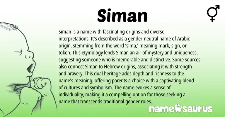 Infographic about Siman name meaning, Siman is a name from Czech, Arabic origin(s).