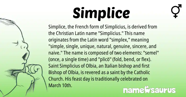 Infographic about Simplice name meaning, Simplice is a name from French, Latin, Italian origin(s).
