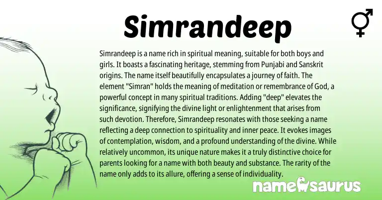 Infographic about Simrandeep name meaning, Simrandeep is a name from Punjabi, Sikh, Sanskrit origin(s).