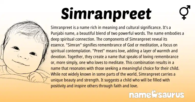 Infographic about Simranpreet name meaning, Simranpreet is a name from Sikh, Punjabi origin(s).