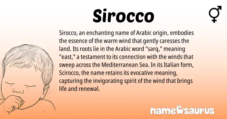 Infographic about Sirocco name meaning, Sirocco is a name from Arabic, Italian origin(s).