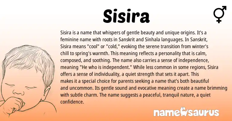Infographic about Sisira name meaning, Sisira is a name from Sinhala, Indian, Sanskrit origin(s).