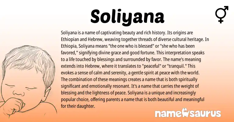 Infographic about Soliyana name meaning, Soliyana is a name from Ethiopian, Hebrew origin(s).