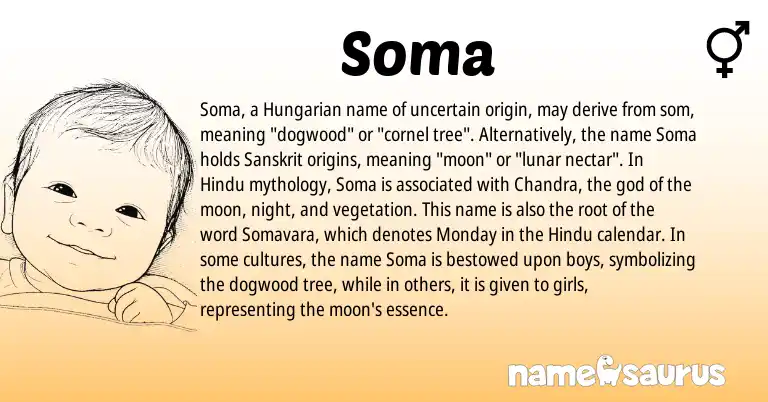 Infographic about Soma name meaning, Soma is a name from Hungarian, Hindu, Sanskrit origin(s).