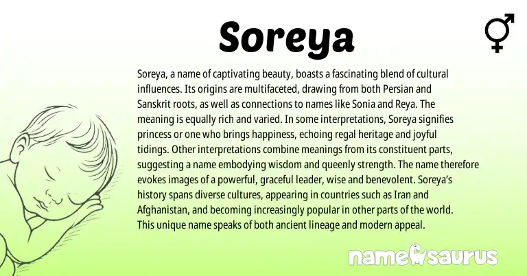 Infographic about Soreya name meaning, Soreya is a name from Sanskrit, Arabic, Greek origin(s).