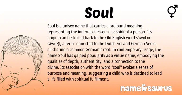 Infographic about Soul name meaning, Soul is a name from Old English, Dutch, Germanic, German origin(s).
