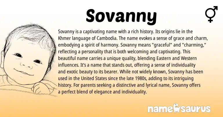 Infographic about Sovanny name meaning, Sovanny is a name from Cambodian, Western origin(s).