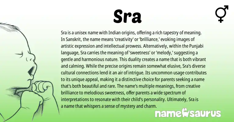 Infographic about Sra name meaning, Sra is a name from Punjabi, Indian, Sanskrit origin(s).