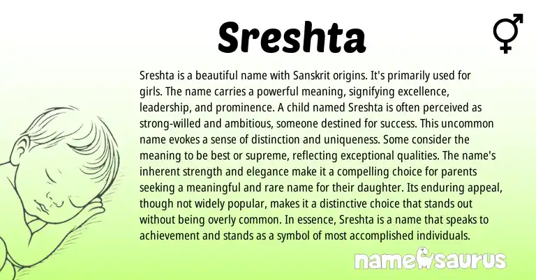 Infographic about Sreshta name meaning, Sreshta is a name from Indian, Sanskrit origin(s).