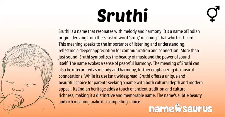 Infographic about Sruthi name meaning, Sruthi is a name from Indian, Sanskrit origin(s).