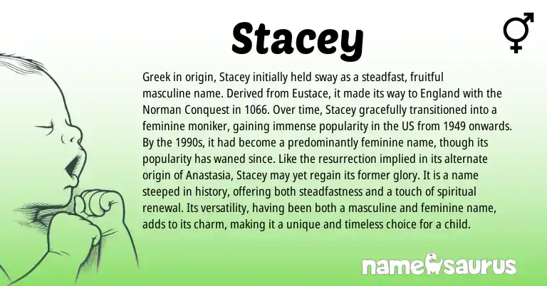 Infographic about Stacey name meaning, Stacey is a name from England, Norman, Greek origin(s).