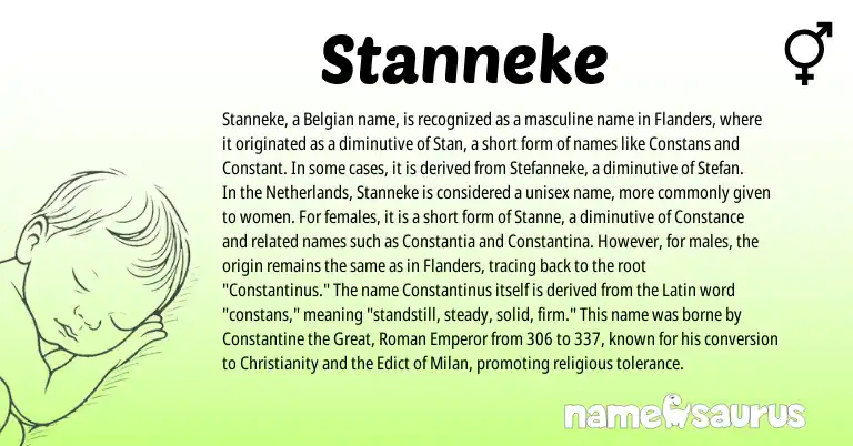 Infographic about Stanneke name meaning, Stanneke is a name from Christianity, Netherlands, Roman, Latin, Belgian origin(s).