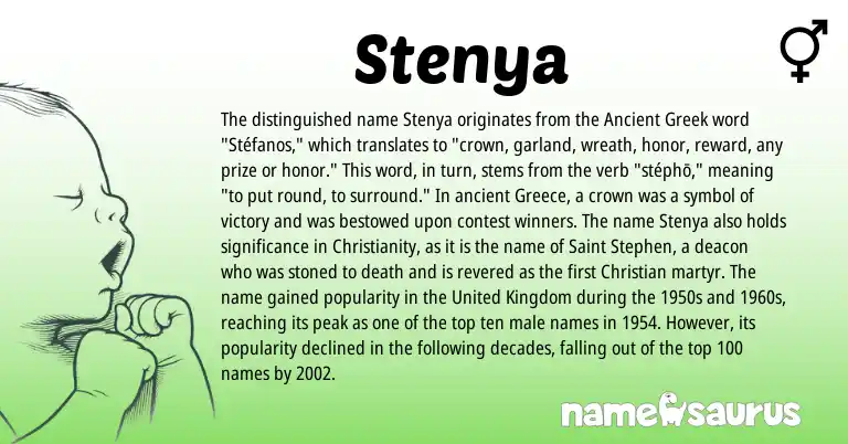 Infographic about Stenya name meaning, Stenya is a name from Ancient Greek, Christianity, United Kingdom, Greece origin(s).