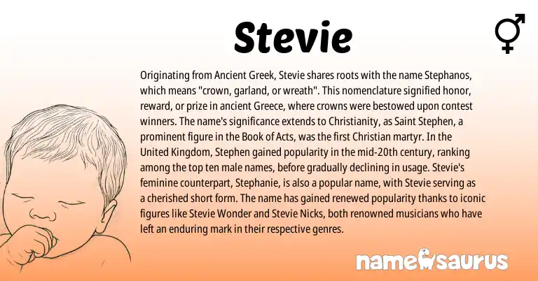 Infographic about Stevie name meaning, Stevie is a name from Ancient Greek, Christianity, United Kingdom, Greece origin(s).