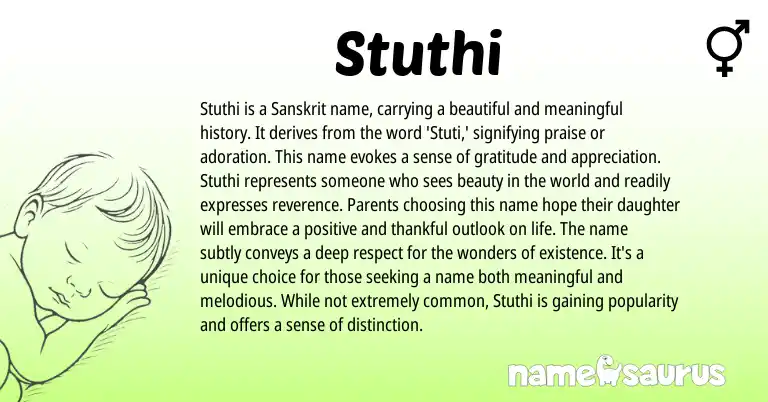 Infographic about Stuthi name meaning, Stuthi is a name from Indian, Sanskrit origin(s).