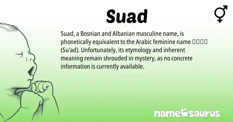 Infographic about Suad name meaning, Suad is a name from Bosnian, Albanian, Arabic origin(s).