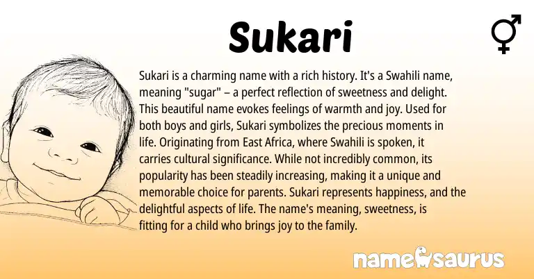 Infographic about Sukari name meaning, Sukari is a name from Swahili origin(s).