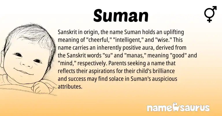 Infographic about Suman name meaning, Suman is a name from Sanskrit origin(s).
