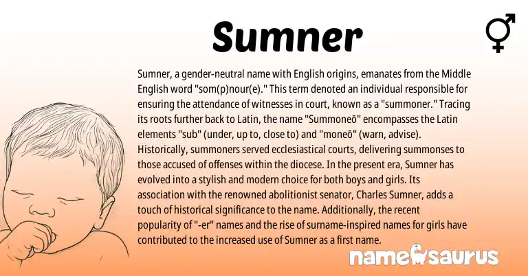 Infographic about Sumner name meaning, Sumner is a name from Middle English, English, Latin origin(s).
