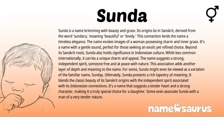 Infographic about Sunda name meaning, Sunda is a name from Indian, English, Sanskrit origin(s).